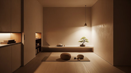 A minimalist Zen room features a small bonsai tree on a shelf, meditation cushions on a wooden floor, and soft, warm lighting from a hanging lamp and built-in cabinets.の素材