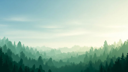 A serene landscape of layered green forest silhouettes shrouded in mist and fog, with a bright, hazy sky transitioning from blue to yellow at dawn.の素材