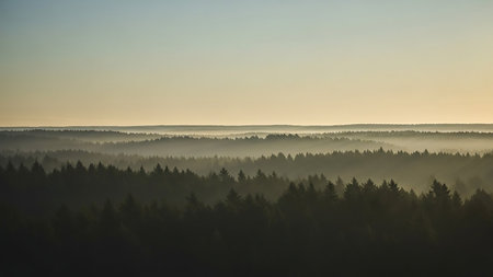 Layered hills of pine forest are shrouded in mist at sunrise, with a soft gradient of light in the sky.の素材