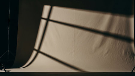 A dramatic pattern of window light and shadow is cast across a textured fabric backdrop in a studio setting.の素材