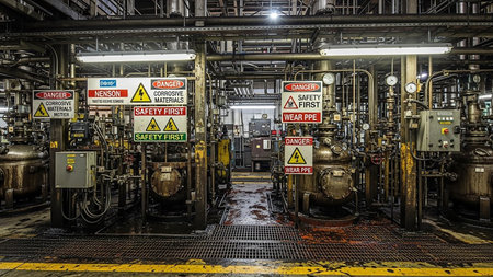 An industrial chemical processing plant interior filled with large tanks, intricate pipework, and numerous warning signs indicating hazardous materials and safety precautions.の素材