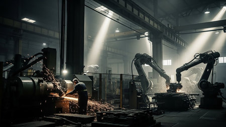 A factory worker sparks metal while robotic arms operate in the background of a dimly lit industrial space with dramatic light beams.の素材