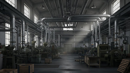 The interior of an old industrial factory filled with pipes, machinery, and wooden crates. Sunlight streams through the windows, illuminating dust particles.の素材