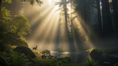 Majestic forest scene with ethereal sunbeams piercing through the canopy, illuminating a gentle stream and a lone deer.の素材
