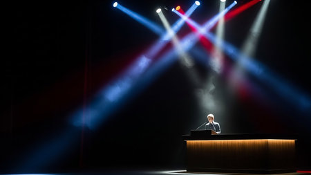 A single person stands at a wooden podium on a dark stage, illuminated by dramatic red, white, and blue spotlights. Smoke adds to the atmospheric effect.の素材