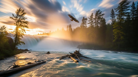 A majestic eagle soars above a powerful waterfall and rushing river during a dramatic sunset with golden light rays and streaking clouds.の素材