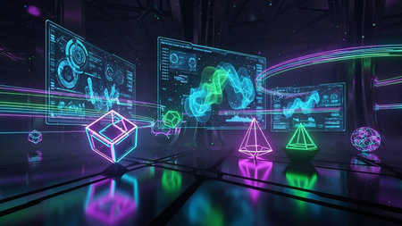 A futuristic digital environment filled with glowing neon geometric shapes and interactive data screens displaying charts and graphs in vibrant colors.の素材