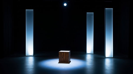 A minimalist stage features a single wooden cube illuminated by a spotlight, with two tall, glowing light panels on either side against a dark background.の素材