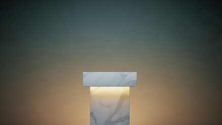 A modern pedestal made of white marble with prominent veining, illuminated from within by warm light, set against a soft gradient background.の素材
