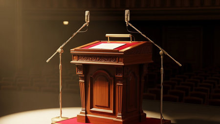 An ornate wooden podium stands on a stage with two vintage microphones, illuminated by a spotlight in an auditorium.の素材