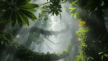 Sunbeams pierce through the dense, lush green foliage of a jungle canopy, creating a serene and atmospheric natural scene.の素材