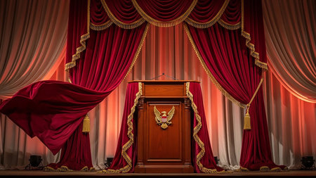 A polished wooden podium with an eagle emblem stands center stage, framed by dramatic red velvet curtains with gold tassels and accents.の素材