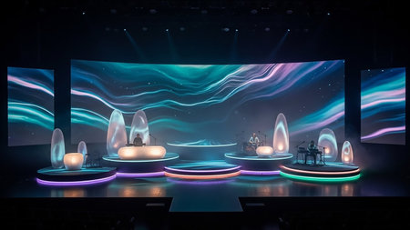 A modern stage set for a performance with a large abstract digital screen, illuminated podiums, and musicians playing instruments.の素材