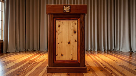 A polished wooden podium with an oak leaf emblem stands on a gleaming wooden floor in front of soft, draped curtains.の素材