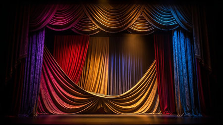 An opulent theatre stage adorned with richly draped velvet curtains in vibrant hues of red, gold, blue, and purple, illuminated by dramatic spotlights.の素材
