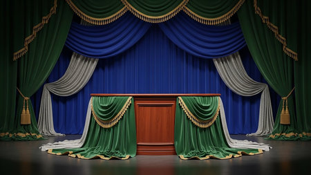 Ornate stage curtains in green, blue, and silver are draped elegantly behind a polished wooden podium, creating a formal setting.の素材