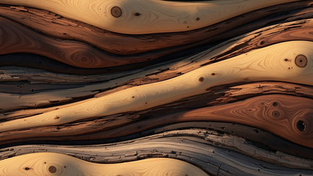 An organic wood grain texture features flowing, wavy layers of light and dark brown and beige wood with visible knots.の素材