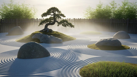 A tranquil Japanese Zen garden features a bonsai tree on a mound surrounded by raked sand, large stones, and bamboo. Soft sunlight and mist create a peaceful atmosphere.の素材