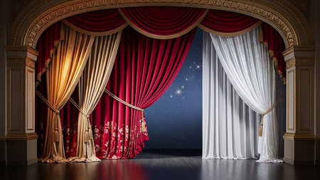 An ornate theater stage with rich red and gold velvet curtains, partially drawn open to reveal a dark backdrop with faint stars.の素材