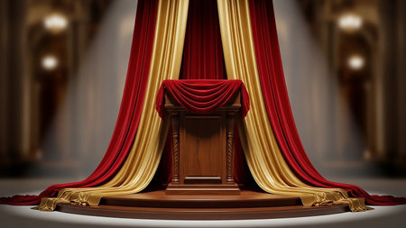 An empty wooden podium is draped with luxurious red and gold fabric on a stage, creating an atmosphere of importance and anticipation for a presentation.の素材