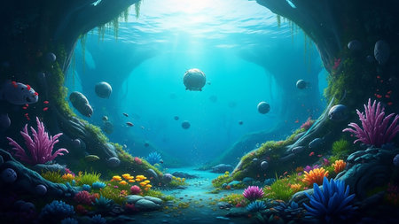Colored showing vibrant underwater cave scene with colorful coral and marine life keywords: underwater, ocean, sea, cave, coral, marine life, colorful, nature, aquatic, fantasy, magical,...の素材