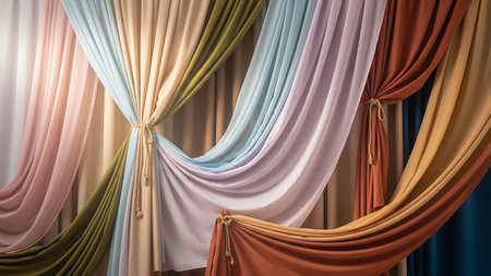 A collection of softly draped fabrics in a variety of pastel and earthy tones, creating a textured and elegant backdrop with gentle folds and ties.の素材