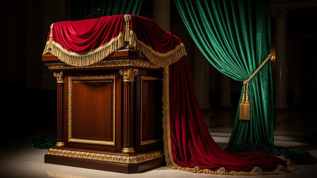 An elaborately decorated wooden podium is draped in rich red velvet with gold trim, with green curtains in the background.の素材