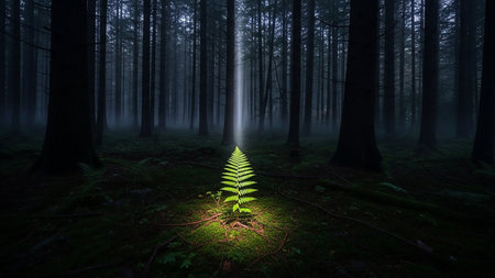 A single vibrant green fern is dramatically illuminated by a bright beam of light in a dark, misty, and atmospheric forest.の素材