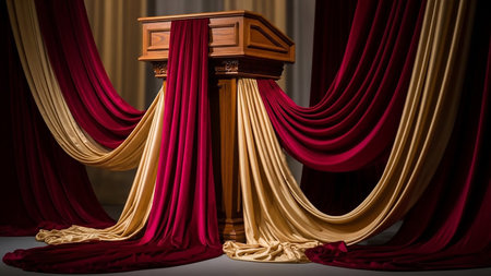 A wooden podium is dramatically draped with flowing burgundy and gold velvet curtains, creating a formal and elegant stage setting.の素材