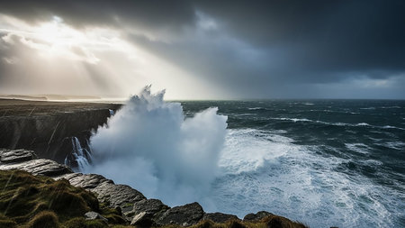 Massive waves explode against rocky cliffs under a dark, stormy sky with dramatic sunbeams breaking through the clouds.の素材