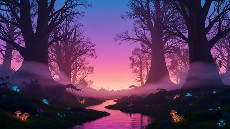 A mystical forest at twilight with silhouetted trees, a winding river reflecting the vibrant pink and purple sky, and glowing mushrooms.の素材