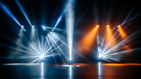 Multiple stage spotlights cast dramatic beams of blue, orange, and white light through smoke in a dark, empty performance space.の素材