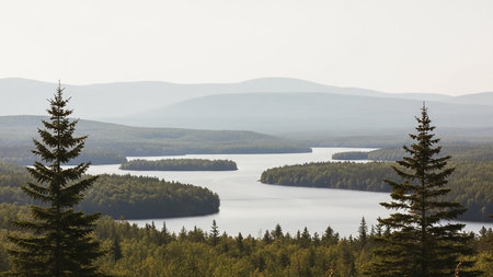 A wide view of a winding lake nestled among dense green forests, with hazy, layered mountains in the distant background under a pale sky.の素材