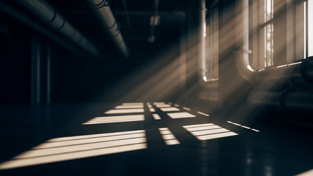 Sunbeams stream through industrial pipes and windows, casting geometric shadows on a dark floor in an atmospheric interior.の素材