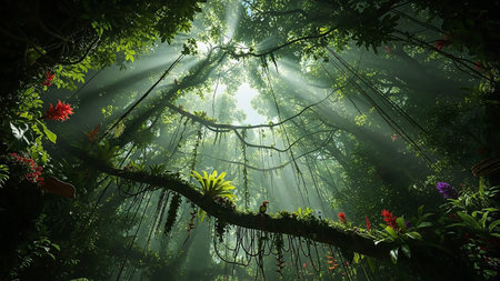 Sunbeams stream through a dense tropical rainforest canopy, illuminating hanging vines, lush green foliage, and vibrant exotic flowers.の素材