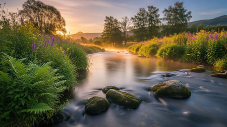 A gentle river flows through a vibrant green meadow at sunrise. Mist rises from the water, illuminated by the golden light of dawn.の素材