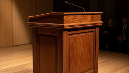 A polished wooden podium with a microphone stands on a wooden stage in a dimly lit room with a blurred audience.の素材