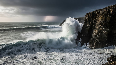 Massive ocean waves violently crash against a rocky cliff face under a dark, stormy sky with lightning in the distance.の素材