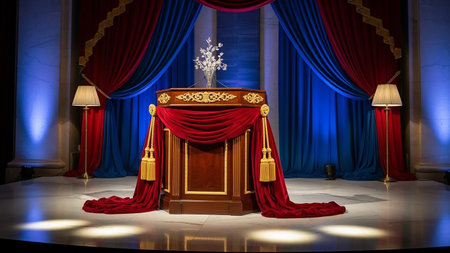 An ornate wooden podium draped in rich red velvet and gold tassels stands on a stage with elegant lamps and dramatic blue curtains in the background.の素材
