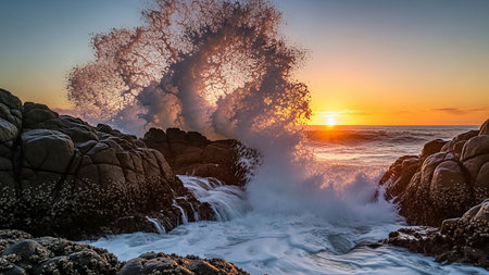 A powerful ocean wave explodes against a rocky shore at sunset, with golden light illuminating the spray and the rugged coastline.の素材