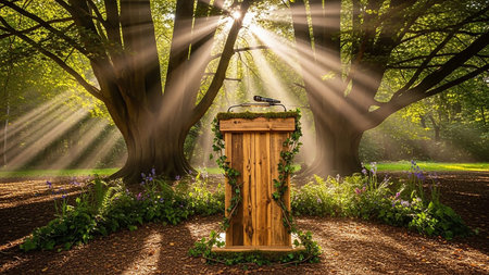 A wooden podium with a microphone stands in a forest clearing, illuminated by dramatic sunbeams filtering through the trees.の素材
