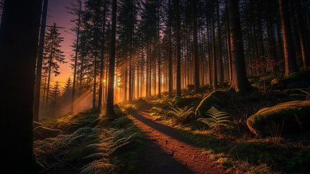 Sunbeams stream through tall trees in a dense forest, illuminating a winding dirt path and moss-covered rocks and ferns.の素材
