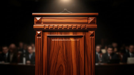 A close-up of an ornate wooden podium with a single microphone, illuminated by a spotlight, with a blurred audience in the background.の素材