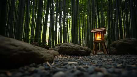 A traditional wooden lantern emits a warm glow in a dense, dark bamboo forest, with large rocks scattered on the gravelly ground.の素材