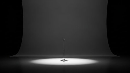 A single microphone stands on a tripod in a bright spotlight on a dark stage with a smooth, curved grey backdrop.の素材