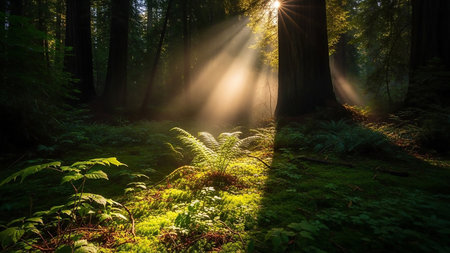 Golden sunbeams stream through the dense canopy of a redwood forest, illuminating lush green ferns and mossy ground, creating a serene and ethereal atmosphere.の素材