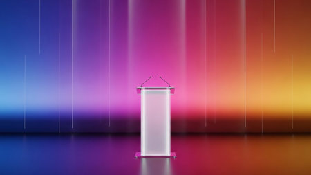 A transparent podium with microphones stands on a reflective surface against a vibrant gradient background of purple, pink, and orange with vertical light streaks.の素材