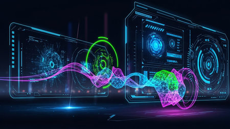 Two glowing digital interfaces showcase intricate data visualizations, including waveforms and geometric structures, illuminated by vibrant neon lights.の素材