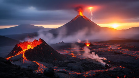 A dramatic volcanic eruption at sunset with glowing lava flows, lightning striking the erupting peak, and thick smoke billowing into the sky.の素材