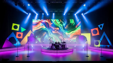 A dynamic concert stage illuminated with blue and purple lights features a drum kit, microphones, and colorful geometric shapes against a large abstract digital screen.の素材
